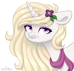 Size: 2250x2160 | Tagged: safe, artist:ev04ka, artist:ev04kaa, oc, oc only, oc:winthria siriusa, pony, unicorn, rcf community, clothes, eyeshadow, female, flower, flower in hair, high res, makeup, scarf, simple background, text, white background