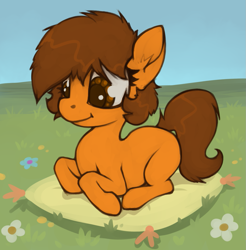 Size: 1133x1152 | Tagged: safe, artist:marsminer, oc, oc only, oc:venus spring, pony, unicorn, g4, blank flank, cute, daaaaaaaaaaaw, female, filly, flower, foal, hnnng, horn, looking down, lying down, mare, marsminer is trying to murder us, outdoors, pillow, ponyloaf, prone, solo, unicorn oc, venus spring actually having a pretty good time, younger