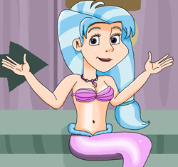 Size: 994x932 | Tagged: safe, artist:ocean lover, silverstream, human, mermaid, g4, school daze, season 8, bare shoulders, beautiful, belly button, blue hair, bra, cute, diastreamies, disney style, door, female, fins, fish tail, hands in the air, human coloration, humanized, jewelry, lips, looking at you, mermaid tail, mermaidized, midriff, ms paint, necklace, pearl necklace, pretty, purple eyes, scene interpretation, seashell bra, shiny skin, sitting, smiling, solo, species swap, stairs, tail, teenager
