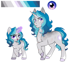 Size: 3269x2813 | Tagged: safe, artist:askbubblelee, oc, oc only, oc:bubble lee, pony, unicorn, alternate universe, body freckles, female, freckles, high res, magic, mare, raised hoof, reference sheet, scar, show accurate, simple background, smiling, solo, willowverse