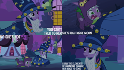 Size: 4400x2475 | Tagged: safe, edit, edited screencap, editor:quoterific, screencap, spike, twilight sparkle, dragon, pony, unicorn, g4, luna eclipsed, season 2, cloak, clothes, cosplay, costume, dragon costume, fake beard, frown, hat, implied nightmare moon, implied princess luna, nightmare night costume, open mouth, pleading, scared, star swirl the bearded costume, tugging, twilight the bearded, unicorn twilight, wizard hat