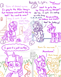 Size: 4779x6013 | Tagged: safe, artist:adorkabletwilightandfriends, moondancer, spike, starlight glimmer, twilight sparkle, alicorn, dragon, pony, unicorn, comic:adorkable twilight and friends, g4, adorkable, adorkable twilight, autumn, bag, bus stop, carpet, clothes, cloud, cloudy, comic, cute, dork, excited, female, glasses, happy, hips, interior, leaves, lipstick, makeup, male, mare, mirror, overcast, sad, saddle bag, sitting, skirt, slice of life, smiling, stairs, stool, sweater, thighs, twilight sparkle (alicorn)
