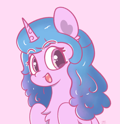 Size: 1921x1981 | Tagged: safe, artist:limitmj, izzy moonbow, pony, unicorn, g5, chest fluff, female, looking at you, mare, open mouth, open smile, pink background, simple background, smiling, smiling at you, solo