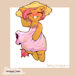 Size: 1200x1200 | Tagged: safe, artist:cold-blooded-twilight, babs seed, earth pony, pony, g4, adorababs, blushing, clothes, cottagecore, cute, dress, eyes closed, female, filly, foal, freckles, hat, smiling, solo, straw hat, sundress, wide hips