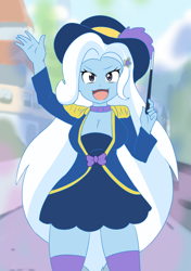 Size: 3058x4336 | Tagged: safe, artist:aokushan, trixie, human, equestria girls, g4, my little pony equestria girls: better together, street magic with trixie, big breasts, breasts, busty trixie, cleavage, female, magic wand, open mouth, open smile, smiling, solo