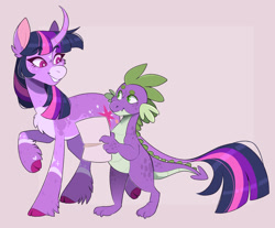 Size: 1280x1061 | Tagged: safe, artist:wanderingpegasus, spike, twilight sparkle, classical unicorn, dragon, pony, unicorn, g4, body markings, cheek fluff, chest fluff, cloven hooves, coat markings, colored eyebrows, colored hooves, colored pinnae, curved horn, duo, eyebrows, eyebrows visible through hair, facial markings, female, freckles, heart mark, horn, leonine tail, looking at each other, looking at someone, male, mare, pale belly, paper, raised hoof, smiling, snip (coat marking), star (coat marking), unicorn twilight, unshorn fetlocks, walking
