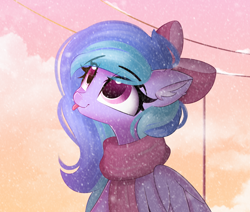 Size: 2060x1748 | Tagged: safe, artist:janelearts, oc, oc only, pegasus, pony, bow, bust, catching snowflakes, clothes, ear fluff, female, folded wings, hair bow, looking up, mare, outdoors, pegasus oc, scarf, smiling, snow, snowfall, solo, three quarter view, tongue out, wings, winter