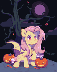 Size: 1347x1688 | Tagged: safe, artist:cherrnichka, fluttershy, bat pony, g4, bat ponified, book, candle, cloud, cloudy, female, flutterbat, halloween, holiday, jack-o-lantern, leaves, looking at you, moon, pumpkin, race swap, solo, tree