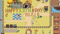 Size: 1920x1080 | Tagged: safe, artist:topsangtheman, applejack, cloud kicker, peachy sweet, earth pony, pegasus, pony, mlp fim's twelfth anniversary, pony town, g4, apple, apple family member, boat, bucket, food, happy birthday mlp:fim, lantern, minecart, orange, picnic blanket, sign, train tracks, tree, well