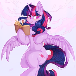 Size: 1000x1000 | Tagged: safe, artist:thieftea, twilight sparkle, alicorn, pony, mlp fim's twelfth anniversary, g4, belly button, book, cloud, eyebrows, flying, happy birthday mlp:fim, horn, looking at you, purple eyes, simple background, smiling, solo, spread wings, twilight sparkle (alicorn), wings