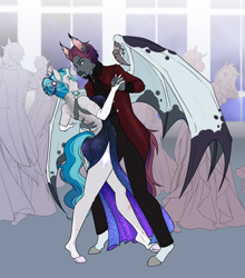 Size: 2008x2277 | Tagged: safe, artist:askbubblelee, oc, oc only, oc:bubble lee, oc:orpheus, bat pony, unicorn, anthro, unguligrade anthro, alternate universe, anthro oc, bat pony oc, clothes, crowd, dancing, digital art, dress, eyeshadow, fangs, female, freckles, high res, horn, lipstick, looking at each other, looking at someone, makeup, male, mare, scar, side slit, smiling, stallion, straight, suit, total sideslit, unicorn oc, willowverse
