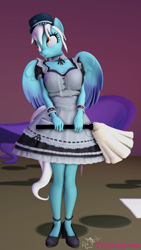 Size: 2160x3840 | Tagged: safe, artist:toniscampers, oc, oc only, oc:ice, pegasus, anthro, plantigrade anthro, 3d, breasts, clothes, commission, ear piercing, earring, female, hat, high res, jewelry, maid, not trixie, pantyhose, pegasus oc, piercing, shoes, solo, source filmmaker, wings