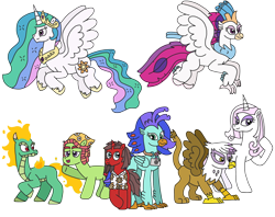 Size: 3094x2448 | Tagged: safe, artist:supahdonarudo, fleur-de-lis, gilda, princess celestia, queen novo, tianhuo (tfh), tree hugger, oc, oc:ironyoshi, oc:sea lilly, alicorn, classical hippogriff, dragon, earth pony, griffon, hippogriff, hybrid, longma, pony, unicorn, mlp fim's twelfth anniversary, them's fightin' herds, g4, my little pony: the movie, anniversary, bandana, camera, clothes, community related, flying, happy birthday mlp:fim, high res, jewelry, looking at each other, looking at someone, mane of fire, necklace, raised hoof, shirt, simple background, spread wings, transparent background, wings