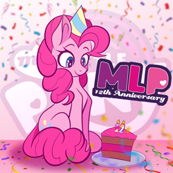 Size: 3000x3000 | Tagged: safe, artist:alexsc112, pinkie pie, earth pony, pony, mlp fim's twelfth anniversary, g4, birthday cake, cake, cake slice, candle, confetti, eyebrows, food, happy birthday mlp:fim, hat, high res, logo, looking down, party hat, plate, signature, sitting, smiling, solo