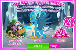 Size: 1954x1292 | Tagged: safe, gameloft, cozy glow, gallus, rarity, twilight sparkle, griffon, g4, my little pony: magic princess, advertisement, box, bush, costs real money, crack is cheaper, crystal, english, flower, gem, introduction card, male, numbers, picture, picture frame, puppet, sale, skull, solo, spread wings, text, wings