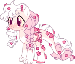 Size: 2553x2168 | Tagged: safe, artist:kurosawakuro, oc, hybrid, pegasus, pony, base used, blushing, braid, colored hooves, colored wings, dot eyebrows, female, flower, flower in hair, freckles, high res, interspecies offspring, mare, multicolored wings, offspring, parent:discord, parent:fluttershy, parents:discoshy, paws, pegasus oc, pink eyes, simple background, solo, standing, transparent background, watermark, wings