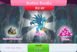 Size: 1267x857 | Tagged: safe, gameloft, cozy glow, gallus, rarity, twilight sparkle, griffon, g4, my little pony: magic princess, besties bundle, box, bundle, bush, costs real money, crack is cheaper, crystal, english, flower, gem, male, numbers, picture, picture frame, puppet, sale, skull, solo, spread wings, text, wings