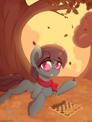 Size: 3000x4000 | Tagged: safe, artist:stravy_vox, oc, oc only, earth pony, pony, autumn, chess, commission, complex background, female, glasses, leaves, looking at you, mare, smiling, solo, tree