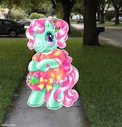 Size: 500x521 | Tagged: safe, artist:lyn fletcher, editor:professorventurer, minty, g3, basket, bipedal, blushing, car, clothes, dress, meme, ribbon, you know i had to do it to em