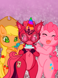 Size: 1620x2160 | Tagged: safe, artist:weegeepie-nightring, applejack, pinkie pie, oc, oc:venus red heart, earth pony, pony, unicorn, g4, applejack's hat, bipedal, birthday, birthday cake, birthday gift, cake, chest fluff, cowboy hat, cute, diapinkes, eyes closed, female, food, glasses, hat, jackabetes, mare, markings, open mouth, party hat, party horn, plate, trio, unshorn fetlocks