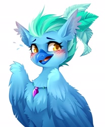 Size: 1707x2048 | Tagged: safe, artist:buvanybu, oc, oc:diamond glitz, classical hippogriff, hippogriff, fanfic:set sail, blushing, bust, chest fluff, feather, female, flustered, portrait, simple background, solo, white background, yellow eyes