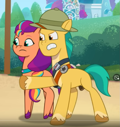 Size: 639x676 | Tagged: safe, screencap, hitch trailblazer, sunny starscout, earth pony, pony, g5, lost in translation (episode), my little pony: tell your tale, spoiler:g5, spoiler:my little pony: tell your tale, bag, coat markings, cropped, duo, duo male and female, female, frown, hat, male, mane stripe sunny, mare, misleading thumbnail, pointing, saddle bag, safari hat, socks (coat markings), spoiler, stallion, thermometer, twilight sparkle's cutie mark