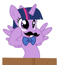 Size: 1568x1716 | Tagged: safe, artist:mint-light, artist:twilyisbestpone, twilight sparkle, alicorn, pony, g4, base used, bowtie, cute, d:, fake moustache, female, hooves on cheeks, mare, open mouth, pegasus wings, simple background, solo, spread wings, transparent background, twiabetes, twilight sparkle (alicorn), wings