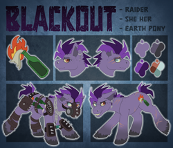 Size: 3500x3000 | Tagged: safe, artist:chvrchgrim, oc, oc only, oc:blackout, earth pony, pony, fallout equestria, earth pony oc, high res, mohawk, molotov cocktail, piercing, raider, raider armor, reference sheet