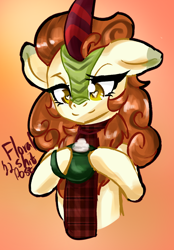 Size: 2400x3450 | Tagged: safe, artist:floralshitpost, autumn blaze, kirin, g4, autumn, bust, chocolate, clothes, commission, female, food, heart, heart eyes, high res, hot chocolate, lidded eyes, mug, scarf, simple background, solo, thick eyelashes, wingding eyes