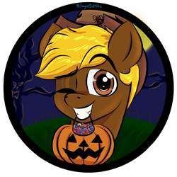 Size: 3600x3600 | Tagged: safe, artist:sugardotxtra, oc, oc only, oc:acres, cockroach, insect, candy, commission, cowboy hat, food, halloween, hat, high res, holiday, one eye closed, pumpkin bucket, roachy, scary tree, tree, wink, ych result