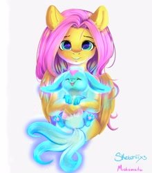 Size: 2900x3300 | Tagged: safe, artist:miokomata, artist:sketchiix3, fluttershy, pegasus, pony, g4, carbuncle, collaboration, crossover, cute, female, final fantasy, freckles, freckleshy, glowing, grin, high res, holding, looking at you, mare, shyabetes, simple background, smiling, smiling at you, white background