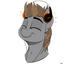 Size: 900x900 | Tagged: safe, artist:rapid9, oc, oc only, oc:devin, bat pony, pony, 80s, bat pony oc, bust, cute, cute little fangs, ear tufts, eyes closed, fangs, headphones, listening to music, male, music, simple background, smiling, solo, sony, stallion, white background, wires