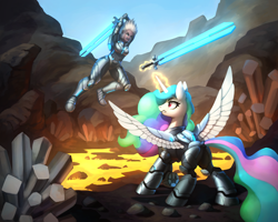 Size: 1920x1534 | Tagged: safe, artist:asimos, princess celestia, alicorn, pony, yeti, g4, ark survival evolved, armor, battle armor, crossover, duel, jetpack, jumping, power armor, sword, weapon