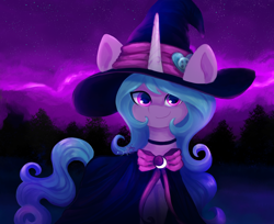 Size: 1592x1299 | Tagged: safe, artist:saphypone, izzy moonbow, pony, unicorn, g5, clothes, costume, female, halloween, halloween costume, hat, holiday, mare, night, smiling, solo, witch hat
