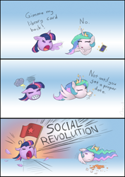 Size: 1250x1768 | Tagged: safe, artist:arareroll, princess celestia, twilight sparkle, alicorn, pony, g4, angry, comic, communism, crossed arms, cup, dialogue, drink, drinking, duo, female, flag, floppy ears, food, library card, mare, pony ball, sharp teeth, tea, teacup, teeth, twilight sparkle (alicorn), wing hands, wings, yelling