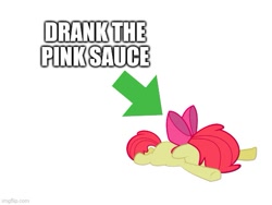 Size: 577x433 | Tagged: safe, artist:erockertorres, editor:professorventurer, apple bloom, earth pony, pony, g4, arrow, dead, faceplant, impact font, lying down, meme, pink sauce, prone, simple background, solo, white background