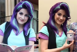 Size: 2804x1869 | Tagged: safe, artist:sarahndipity cosplay, starlight glimmer, human, equestria girls, equestria girls specials, g4, my little pony equestria girls: mirror magic, book, clothes, cosplay, costume, everfree northwest, everfree northwest 2019, grin, irl, irl human, photo, smiling