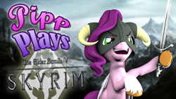Size: 1920x1080 | Tagged: safe, artist:pika-robo, pipp petals, pegasus, pony, series:pipp plays, g4, g5, 3d, anniversary, bipedal, clothes, cosplay, costume, dovahkiin, elder scrolls, fake thumbnail, female, folded wings, g5 to g4, gamer pipp, generation leap, helmet, hoof hold, horned helmet, let's play, mare, mountain, mountain range, open mouth, open smile, raised hoof, skyrim, smiling, solo, source filmmaker, sword, the elder scrolls, weapon, wings, youtube thumbnail