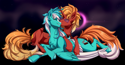 Size: 4167x2191 | Tagged: safe, artist:1an1, oc, oc only, oc:phoenix redtail, pegasus, pony, unicorn, blushing, colored wings, duo, eyes closed, female, female oc, fox tail, horn, kissing, male, male oc, multicolored wings, pegasus oc, pony oc, smiling, smirk, spread wings, straight, tail, unicorn oc, wings