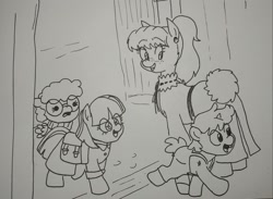 Size: 2048x1496 | Tagged: safe, artist:pony quarantine, oc, oc only, oc:bo, earth pony, pegasus, pony, unicorn, bag, bucktooth, clothes, colt, dress, female, filly, foal, freckles, glasses, grayscale, male, mare, monochrome, overalls, saddle bag, teacher, traditional art