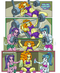 Size: 826x1000 | Tagged: safe, artist:art-2u, adagio dazzle, aria blaze, sonata dusk, human, comic:sibling support, equestria girls, g4, abs, acardio dazzle, aria buff, barbell, bench press, breasts, cleavage, clothes, comic, commission, encouragement, female, muscles, muscular female, pigtails, ponytail, socks, sports bra, sweat, swolenata dusk, the dazzlings, towel, trio, trio female, twintails, water bottle, weight lifting, weights, workout, workout outfit