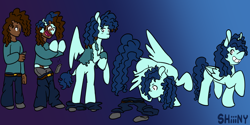 Size: 4000x2000 | Tagged: safe, artist:shiiiny, oc, oc:shiiiny, human, pegasus, pony, belt, blank flank, cellphone, clothes, clothes falling off, dark skin, denim, gradient background, grin, human to pony, jeans, no nose, open mouth, open smile, pants, pants down, pegasus oc, phone, ponysona, ponytober, ripping clothes, signature, smiling, sweater, torn clothes, transformation, transformation sequence