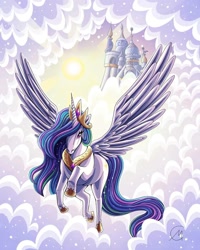 Size: 1080x1350 | Tagged: safe, artist:caroline cupples illustration, princess celestia, alicorn, pony, g4, canterlot, cloud, crown, female, flying, horn, jewelry, mare, peytral, regalia, solo, spread wings, wings