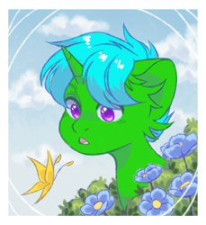 Size: 1100x1200 | Tagged: safe, artist:tvorozhok, oc, oc:green byte, butterfly, pony, unicorn, commission, ear fluff, flower, male, stallion, ych result