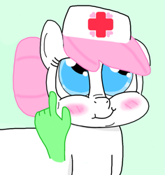 Size: 877x929 | Tagged: artist needed, safe, nurse redheart, earth pony, pony, g4, blushing, cheek pinch, disembodied hand, green background, hand, simple background