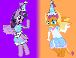 Size: 744x574 | Tagged: safe, artist:darlycatmake, smolder, twilight sparkle, alicorn, dragon, pony, g4, beautiful, clothes, costume, cute, dragoness, dress, dressup, duo, duo female, female, flying, froufrou glittery lacy outfit, gloves, halloween, halloween costume, happy, hat, hennin, holiday, long gloves, looking at you, open mouth, pretty, princess, princess smolder, puffy sleeves, smiling, smolder also dresses in style, smolderbetes, spread wings, twilight sparkle (alicorn), waving, wings