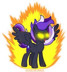 Size: 843x900 | Tagged: safe, artist:jennieoo, oc, oc:aliss, oc:nightmare aliss, alicorn, pony, alicorn oc, glowing, glowing eyes, horn, open mouth, powering up, show accurate, simple background, solo, transparent background, vector, wings