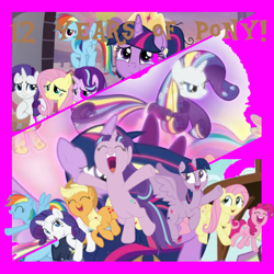 Size: 1044x1044 | Tagged: artist needed, safe, artist:decokenite, applejack, fluttershy, pinkie pie, rainbow dash, rarity, starlight glimmer, twilight sparkle, alicorn, earth pony, pegasus, pony, unicorn, mlp fim's twelfth anniversary, g4, the cutie re-mark, the last problem, twilight's kingdom, anniversary, female, happy, mane six, mare, rainbow power, stalin glimmer, twilight sparkle (alicorn)