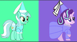 Size: 766x415 | Tagged: safe, artist:darlycatmake, lyra heartstrings, starlight glimmer, earth pony, pony, unicorn, g4, clothes, costume, dress, dressup, duo, duo female, female, halloween, halloween costume, happy, hat, hennin, holiday, long sleeves, princess, princess lyra heartstrings, princess starlight glimmer, smiling