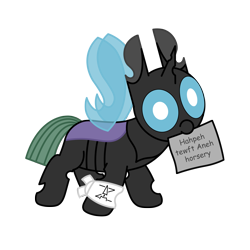 Size: 3000x3000 | Tagged: safe, alternate version, artist:theunidentifiedchangeling, oc, oc:[unidentified], changeling, mlp fim's twelfth anniversary, arm band, buggo, changeling oc, cute, cuteling, derp, digital art, foal, high res, horn, intentional spelling error, mouth hold, paper, simple background, solo, spread wings, transparent background, wings